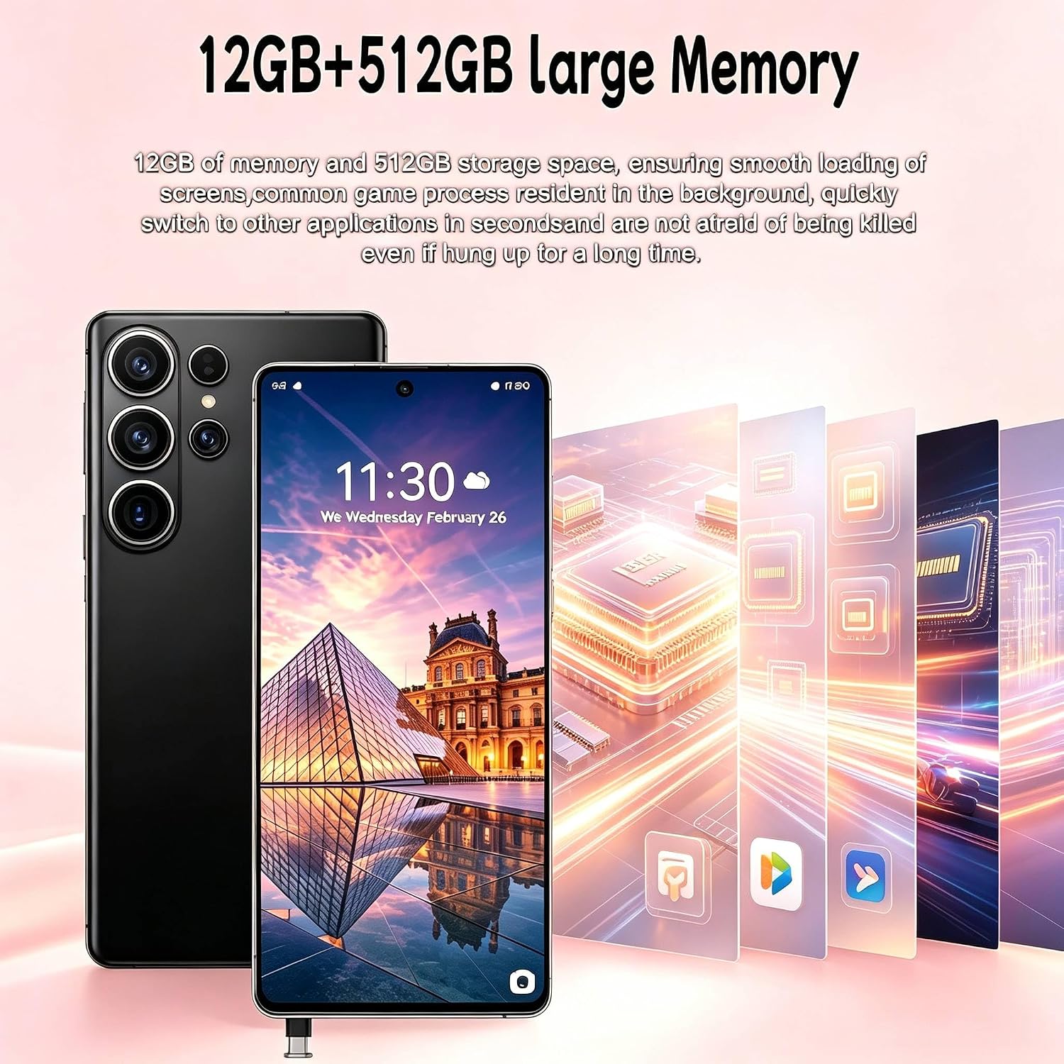 C26 Ultra Android Phone Unlocked 5G, 12GB+512GB Large Storage Unlocked Phone, 6.9-inch Mobile Phone, Android 14, 8000 mAh Battery Cell Phone, Dual SIM, GPS, Built in Pen, Black - Image 2