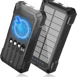 Solar Power Bank 49800mAh - Wireless Portable Charger 15W Fast Charging with 4 Built-in Cables. Equipped with a Powerful Flashlight, IP65 Outdoor Waterproof Power Bank Perfect for Camping, Hiking